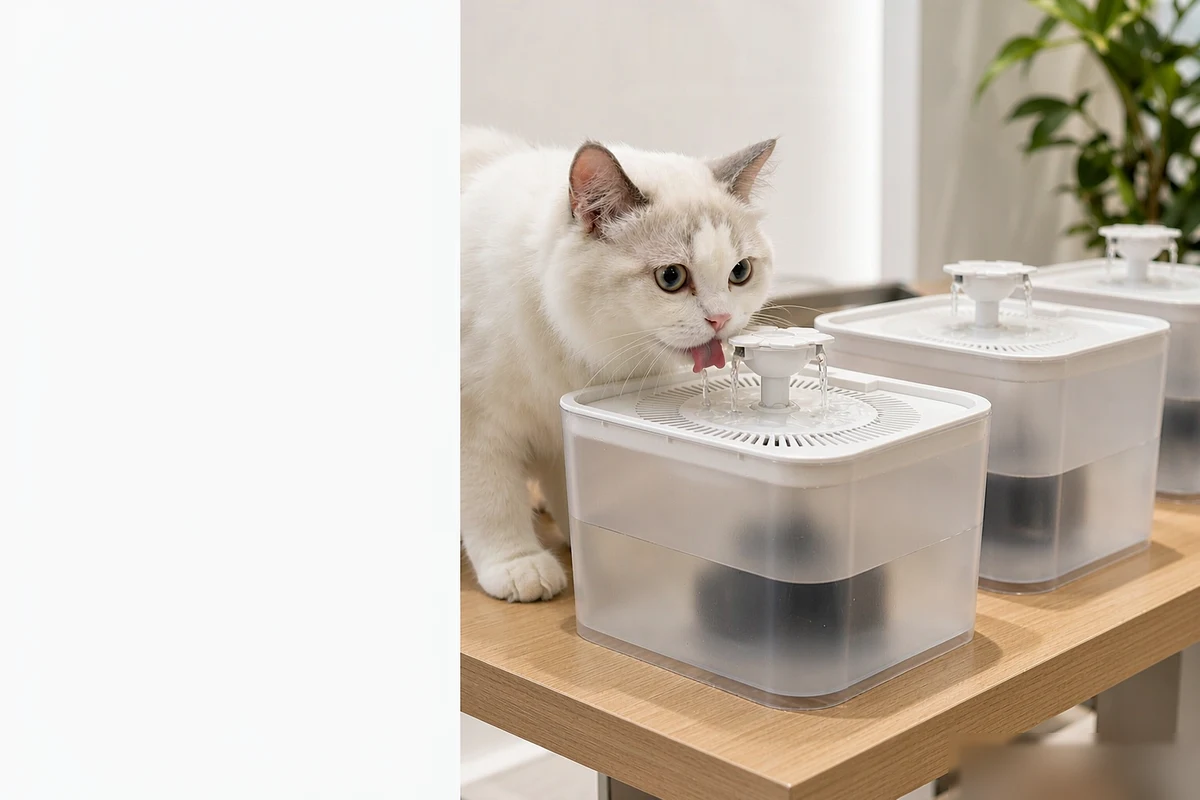 Private-label 2.5L smart pet water fountain retail display for North American seller
