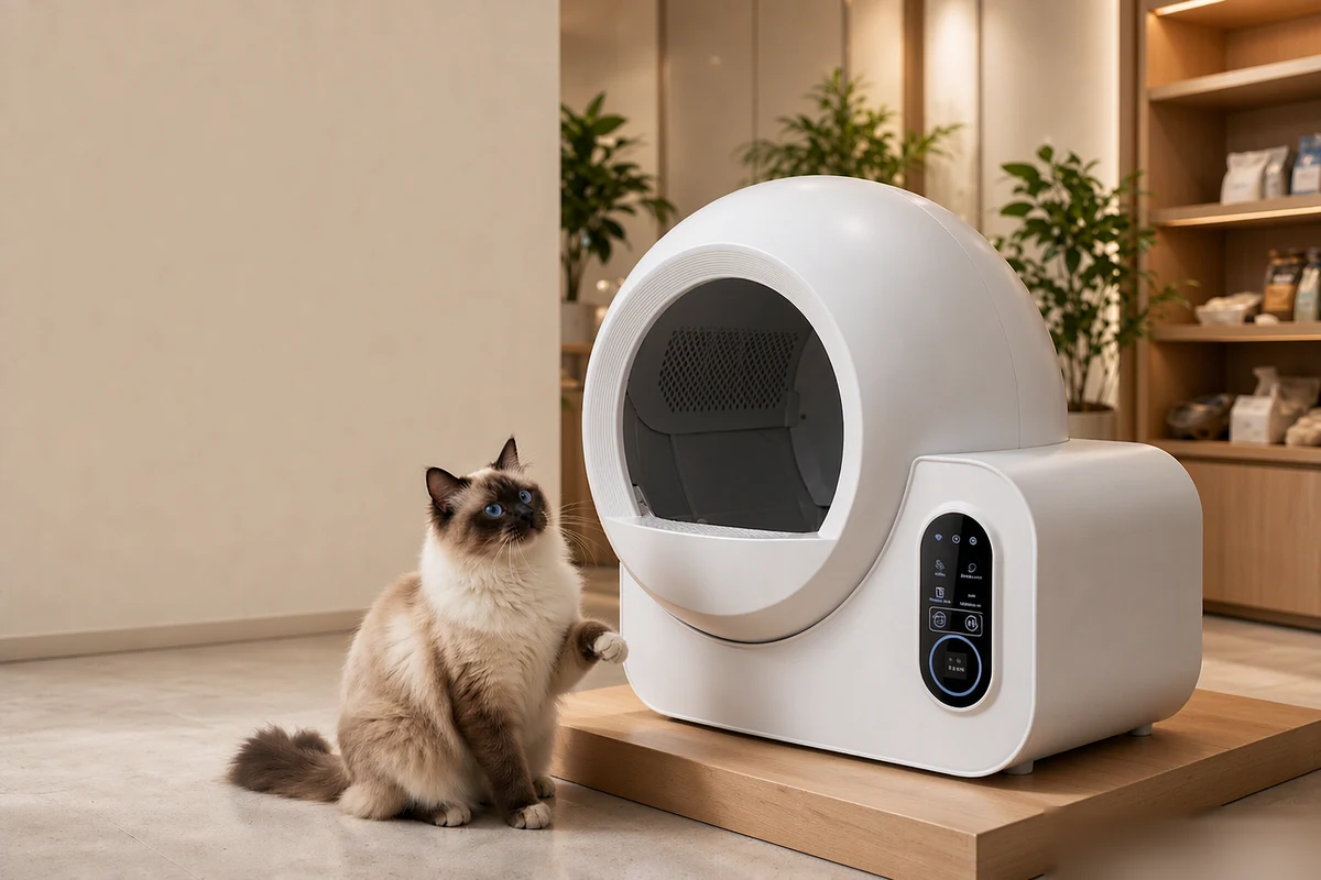 Smart self-cleaning cat litter box displayed in premium pet boutique