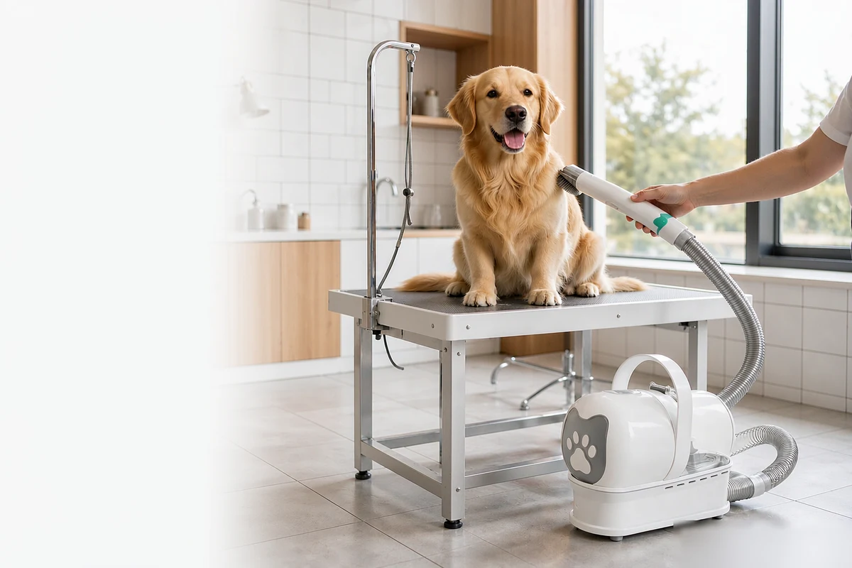Pet grooming vacuum kit in use at professional pet grooming salon with golden retriever