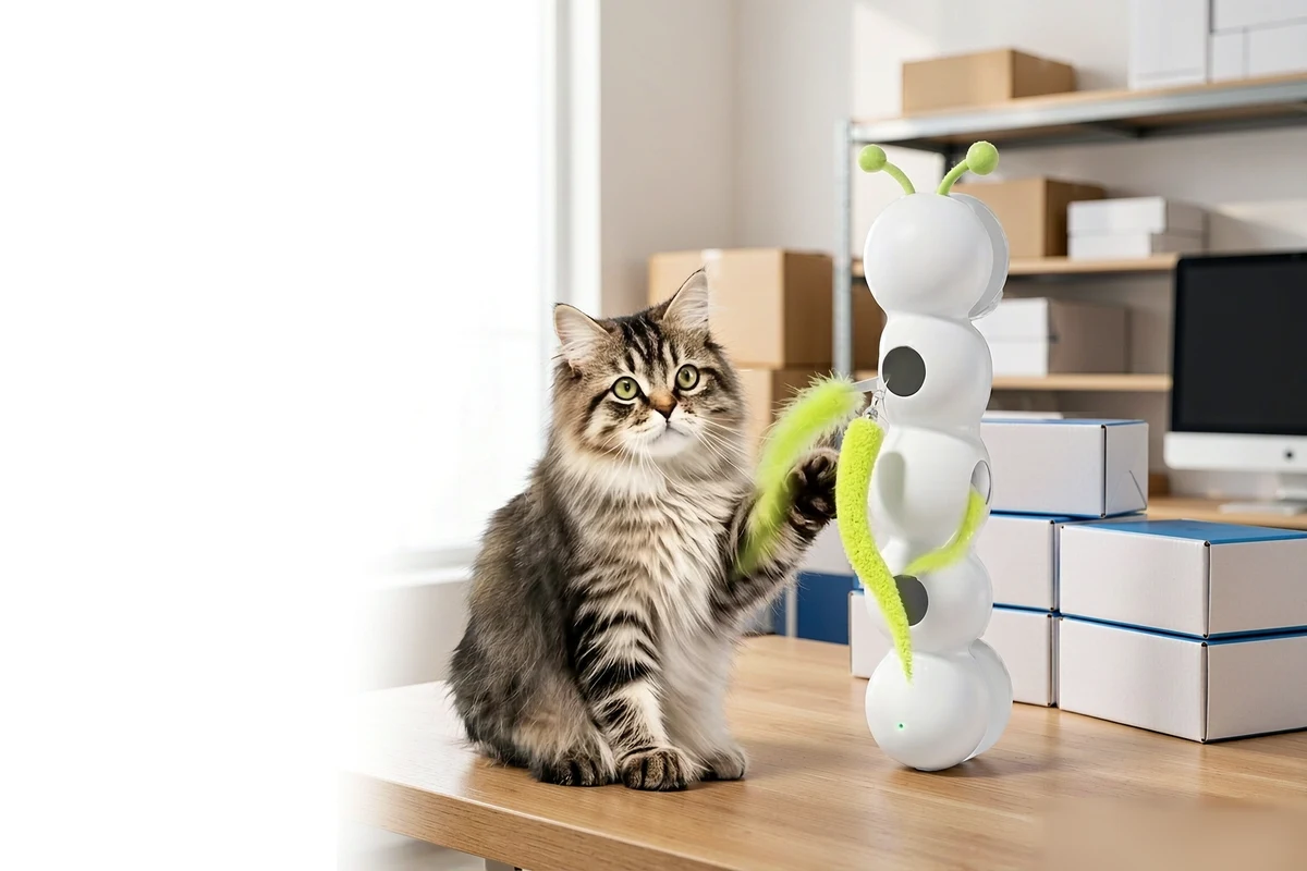 Interactive electric cat toy tower with tabby kitten and e-commerce shipping cartons
