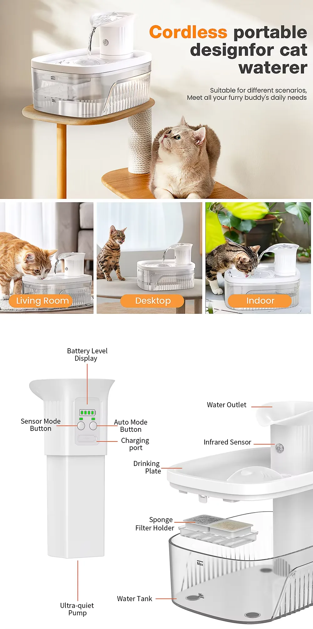 Großhandel Kabelloser Katzen-Trinkbrunnen 2200mAh – OEM/ODM kabellos - detail