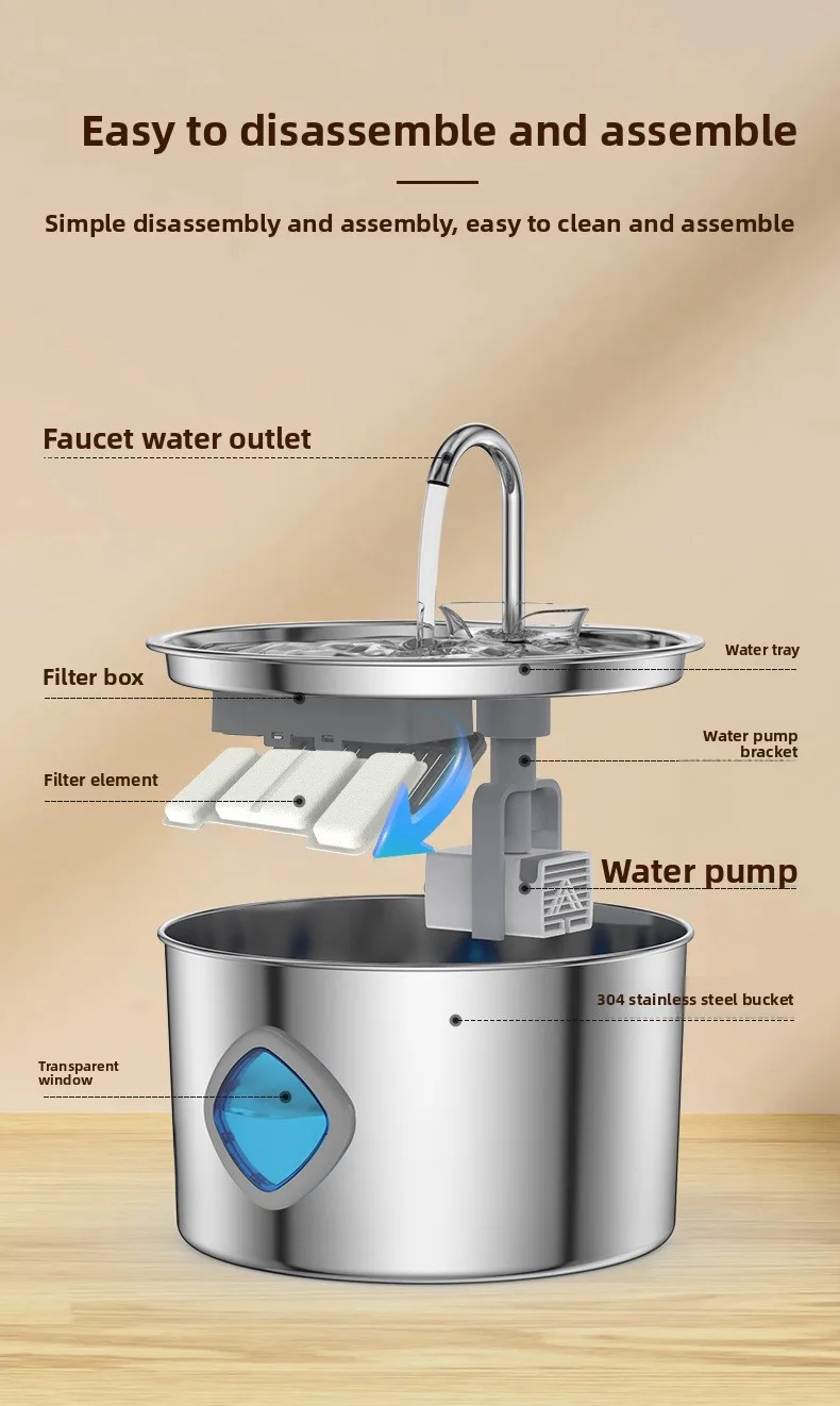 Fuente de Agua Automática para Mascotas de Acero Inoxidable Total, 3.2L, para Gatos y Perros - detail