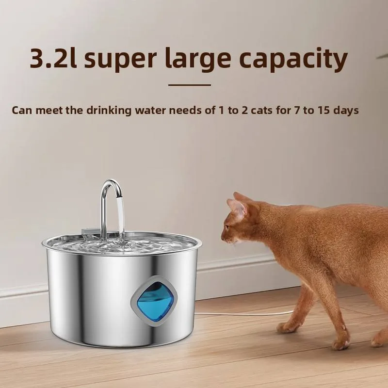 Fuente de Agua Automática para Mascotas de Acero Inoxidable Total, 3.2L, para Gatos y Perros