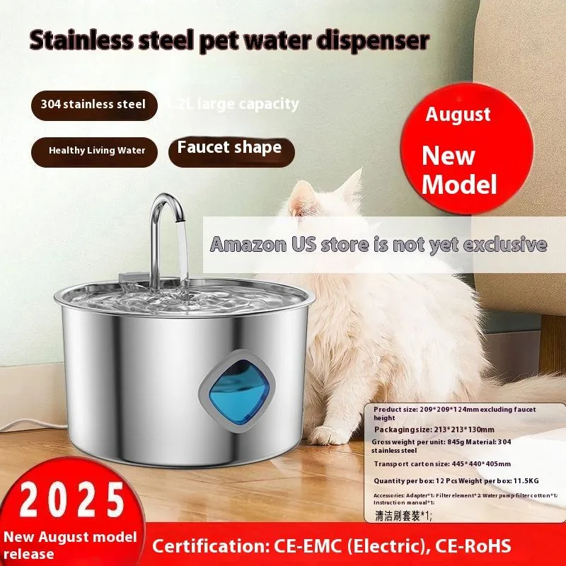 Fuente de Agua Automática para Mascotas de Acero Inoxidable Total, 3.2L, para Gatos y Perros