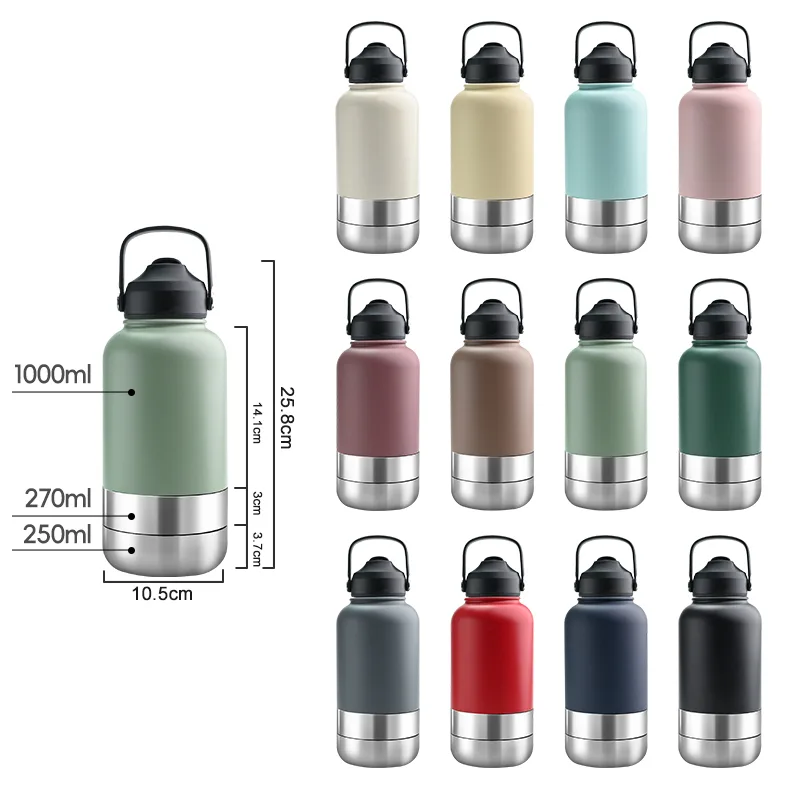 32 oz 3-in-1 tragbare Edelstahl-Reisewasserflasche für Haustiere mit Futtersbehälter - detail