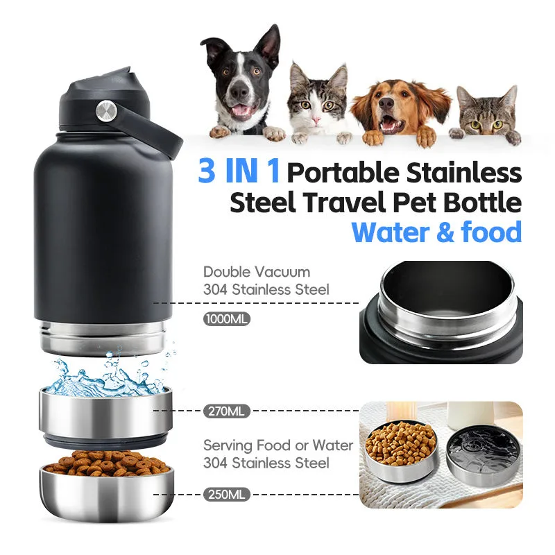 32 oz 3-in-1 tragbare Edelstahl-Reisewasserflasche für Haustiere mit Futtersbehälter