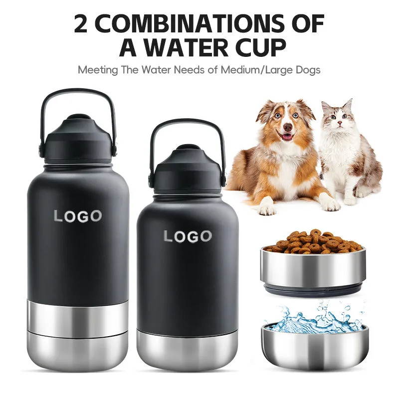 32 oz 3-in-1 tragbare Edelstahl-Reisewasserflasche für Haustiere mit Futtersbehälter