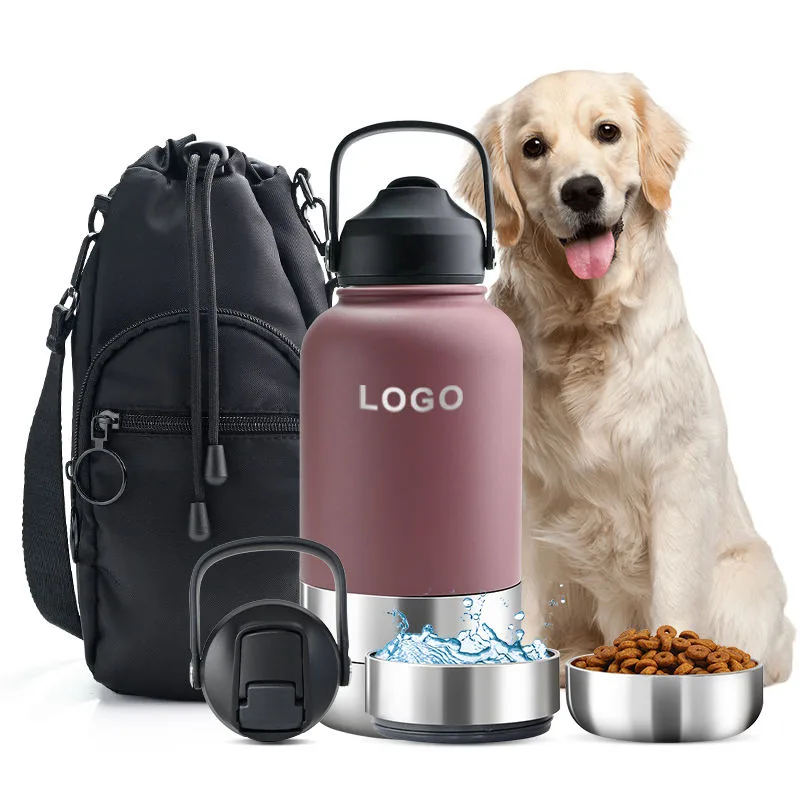 32 oz 3-in-1 tragbare Edelstahl-Reisewasserflasche für Haustiere mit Futtersbehälter