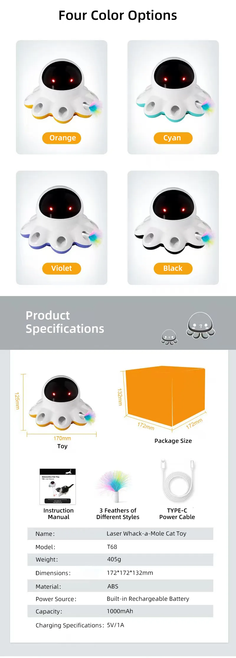Intelligentes Katzenspielzeug mit 360-Grad-Zufallsrotation, Laserprojektion und Federaufsatz - detail